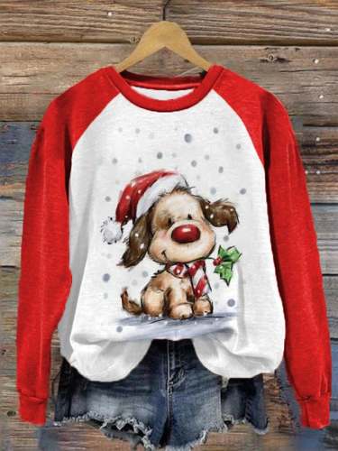 Women's Christmas Dog With Holly Print Casual Sweatshirt