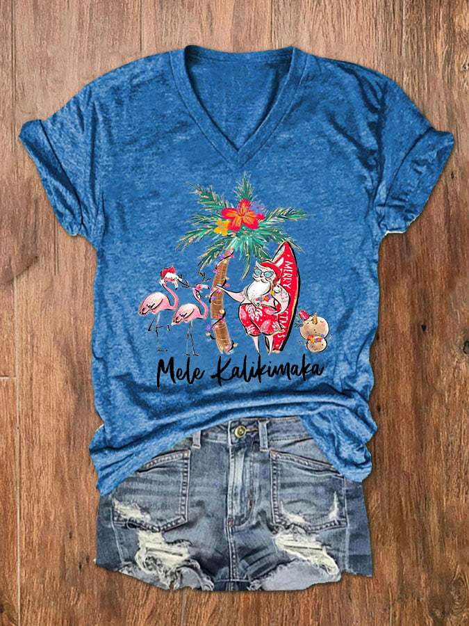 Women's Mele Kalikimaka Hawaii Christmas Print V-Neck T-Shirt