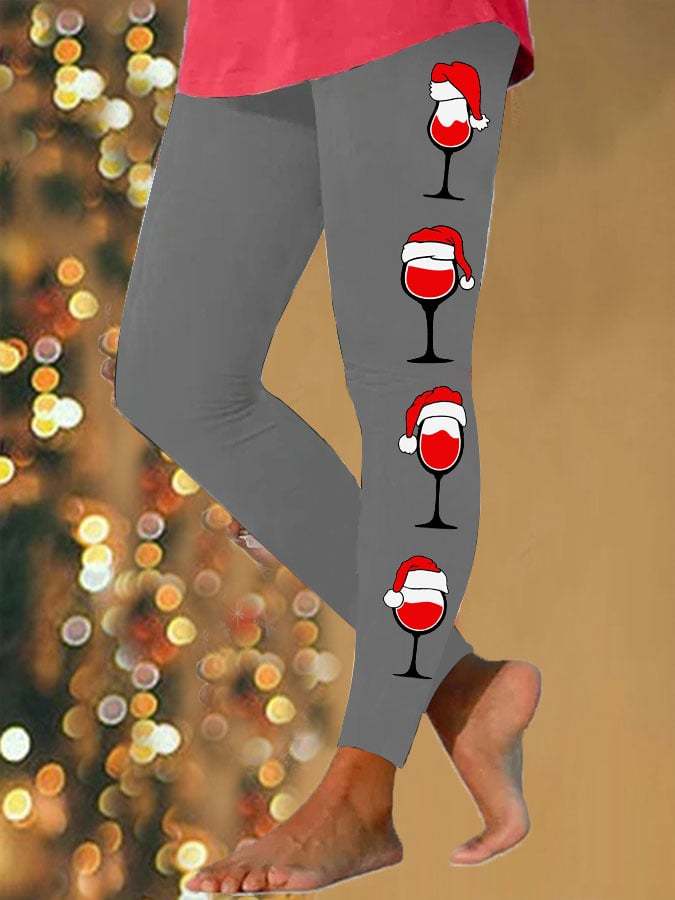 Women's Christmas Red Wine Glass Printed Leggings