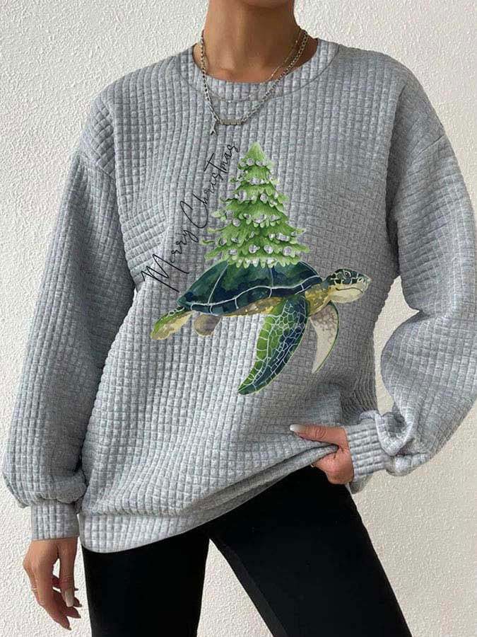 Women's Merry Christmas Turtle Christmas Tree Waffle Sweatshirt