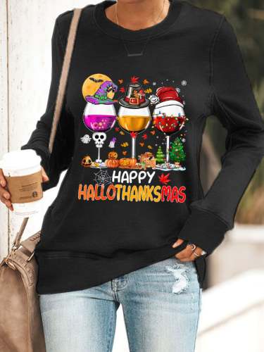Women's Happy Hallothanksmas Wine Print Casual Sweatshirt