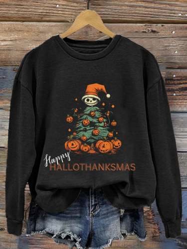 Women's Casual Happy Hallothankmas Print Long Sleeve Sweatshirt