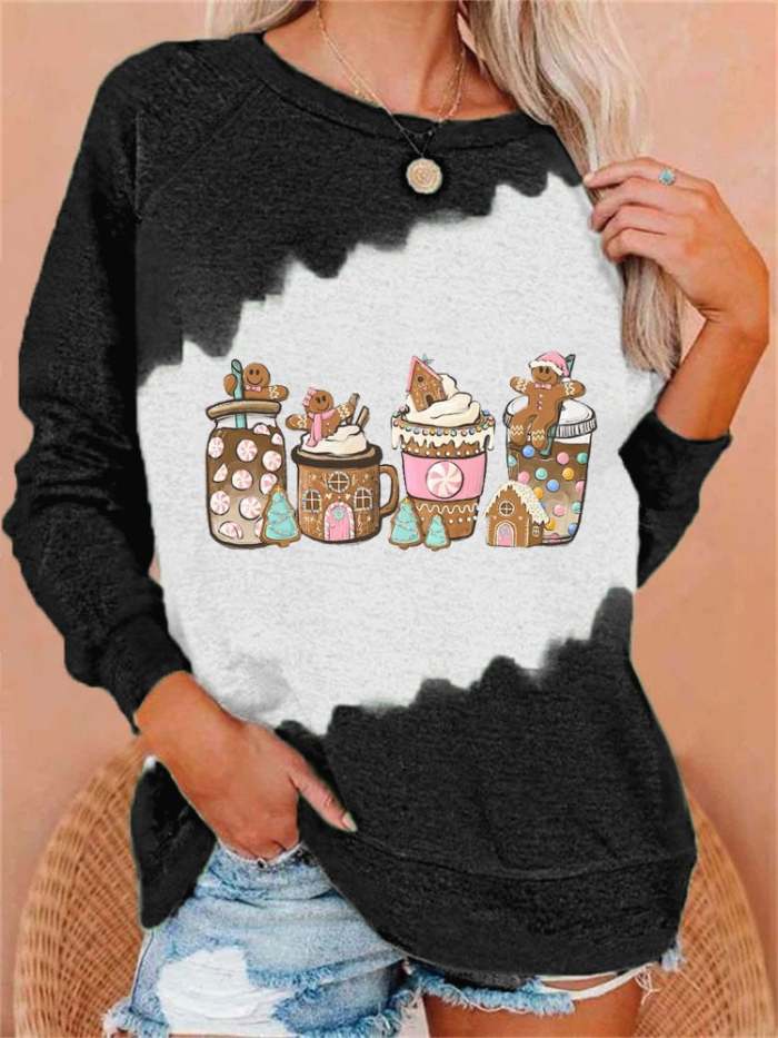 Women's Gingerbread Christmas Coffee Printed Round Neck Long Sleeve Sweatshirt