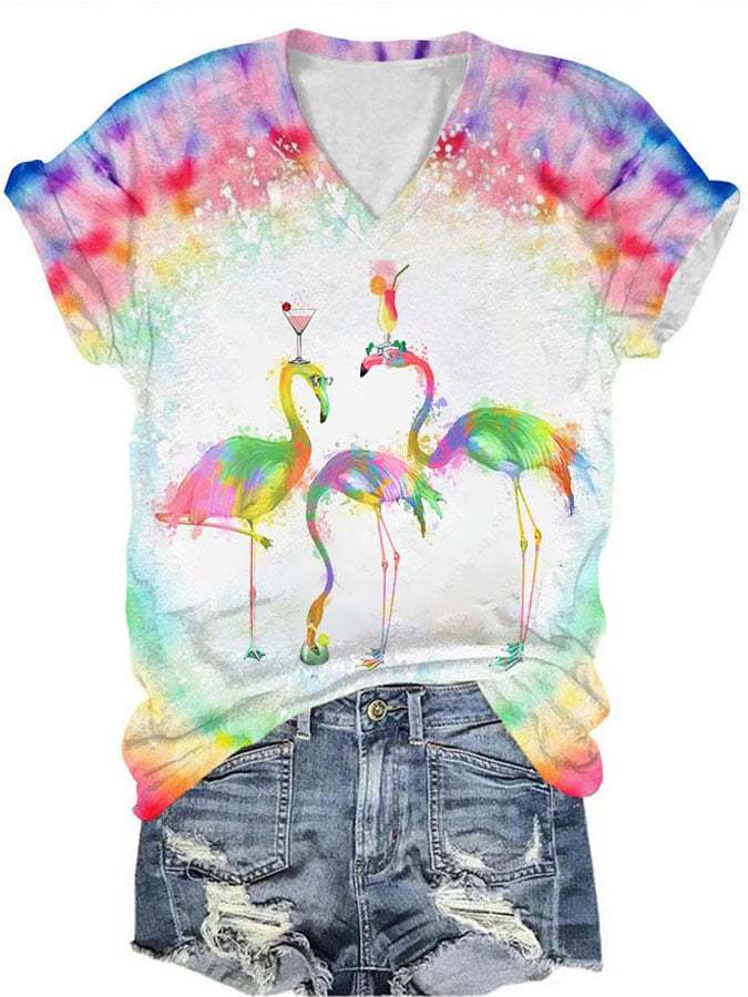 Women's Christmas Flamingo Print V-Neck T-Shirt