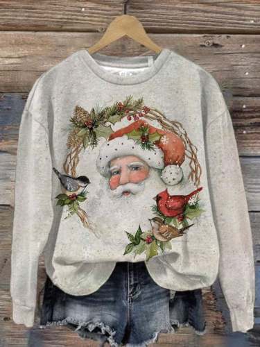 Women's Vintage Santa Bird Wreath Print Crew Neck Sweatshirt