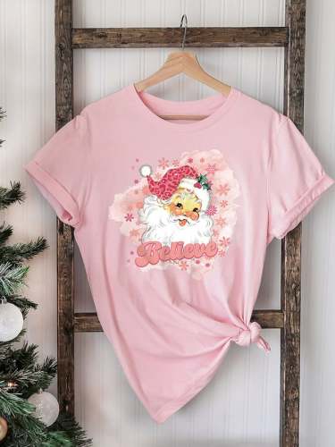 Pink Santa Believe Print T-Shirt