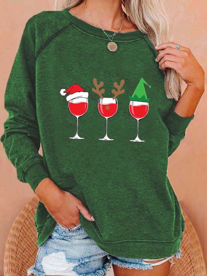 Women's Christmas Red Wine Glass Print Sweatshirt