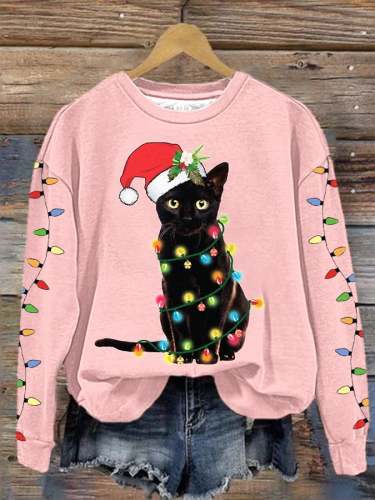 Women's Christmas Black Cat Lantern Print Sweatshirt