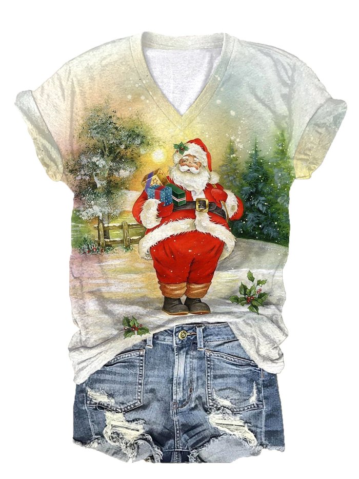 Women's Vintage Christmas Santa Print T-Shirt