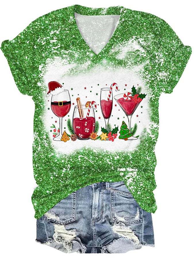 Women's Casual Christmas Wine Glass Print Short Sleeve T-Shirt