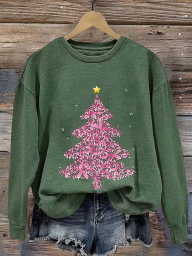 Retro Breast Cancer Awareness Pink Christmas Tree Ribbons Print Sweatshirt