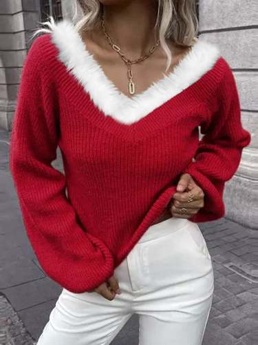 Women's Plush V-Neck Balloon Sleeve Sweater