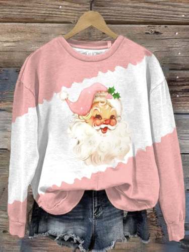 Women's Pink Santa Claus Print Round Neck Sweatshirt