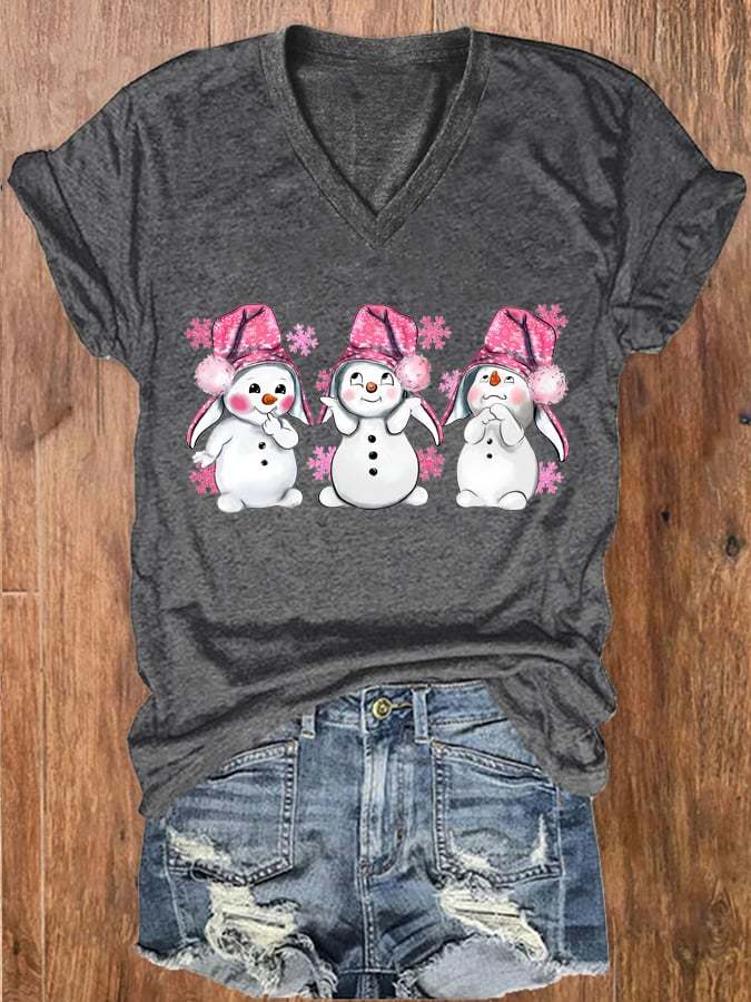 Women's Pink Christmas Snowman Print V-Neck T-Shirt