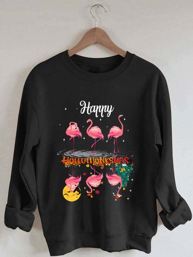 Women's Casual Happy Hallothankmas Print Long Sleeve Sweatshirt