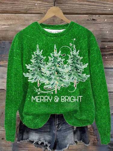 Women's Merry And Bright Christmas Tree Print Long Sleeve Sweatshirt