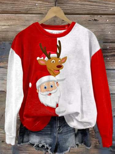 Women's Color Matching Christmas Santa Claus Print Long Sleeve Sweatshirt