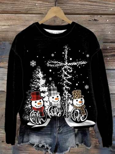 Women's Casual Snowman Faith Hope Love Print Long Sleeve Sweatshirt