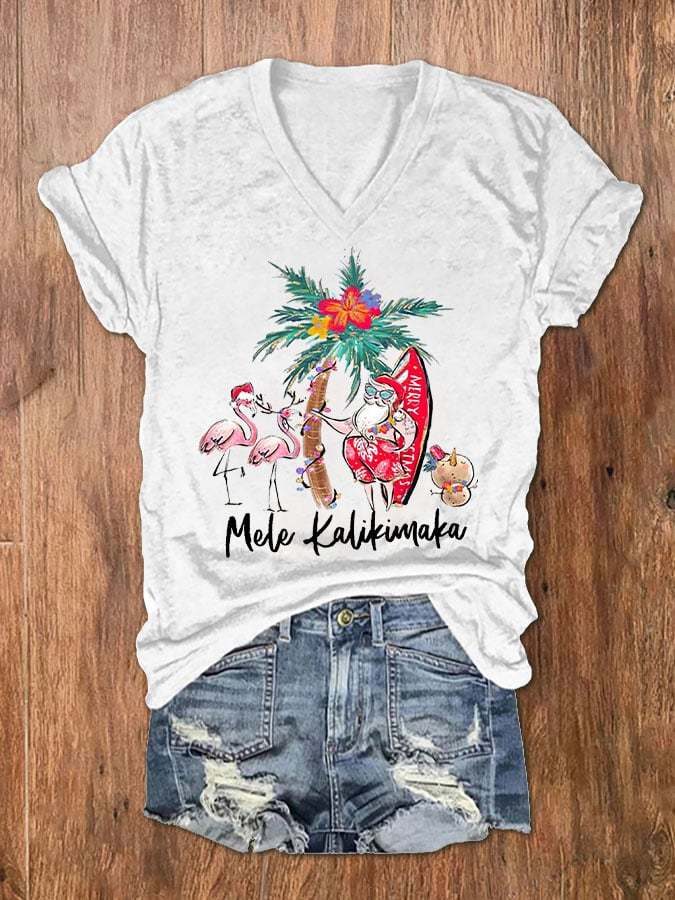 Women's Mele Kalikimaka Hawaii Christmas Print V-Neck T-Shirt