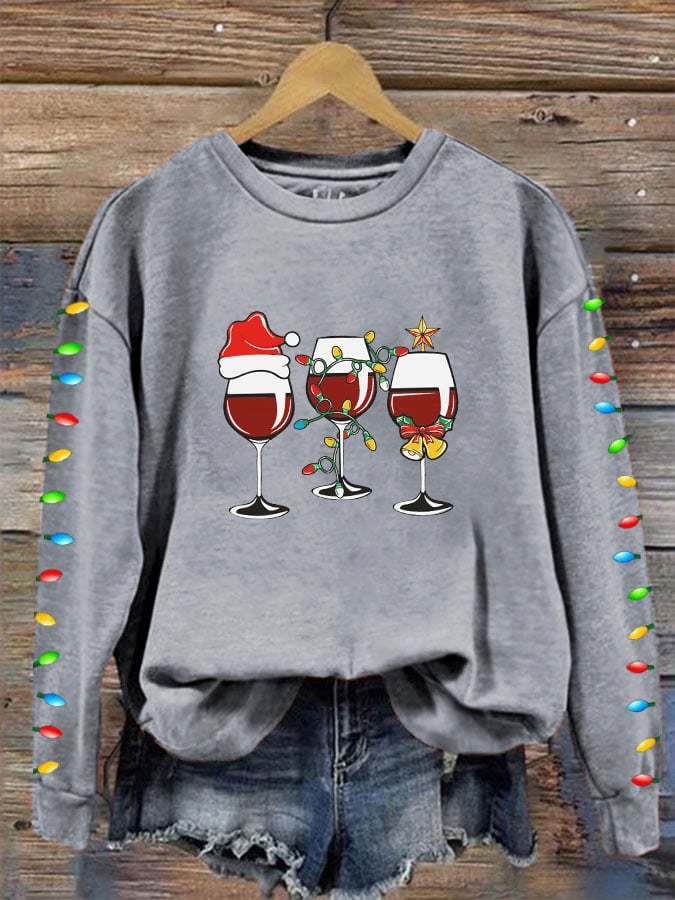 Women's Christmas Lights Red Wine Glass Printed Round Neck Sweatshirt