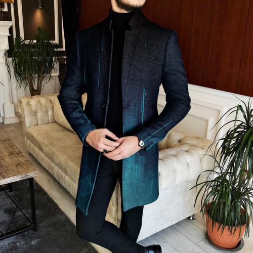 Men's Gradient Color Standing Collar Mid-Length Tweed Coat