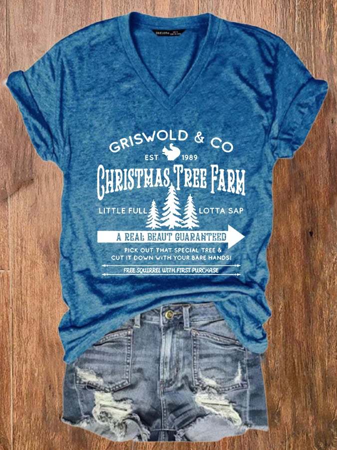 Women's Christmas Griswold Co Christmas Tree Farm V-Neck Tee