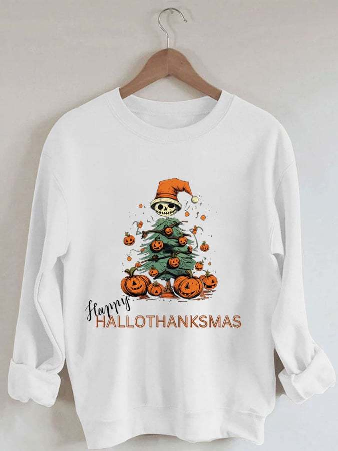 Women's Casual Happy Hallothankmas Print Long Sleeve Sweatshirt