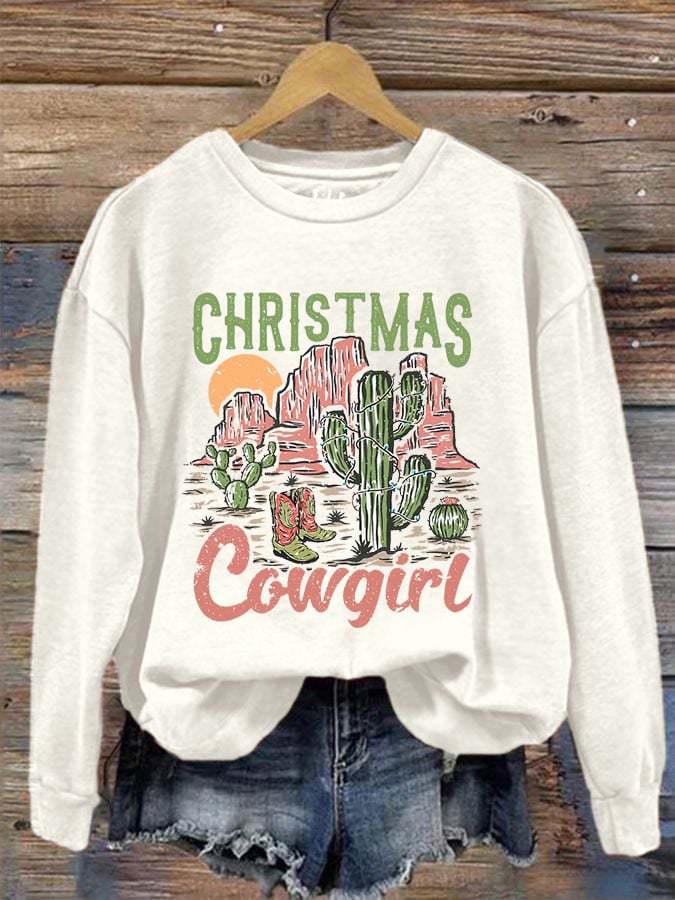 Women's Western Christmas Cowgirl Print Crewneck Sweatshirt