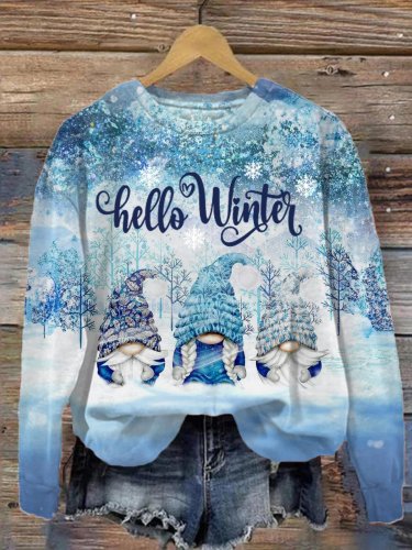 Women's Vintage Christmas Hello Winter Gnomes Print Sweatshirt