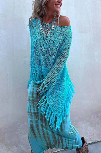 Stylish Hollow Out Tassel Poncho Sweater(in 2 Colors)