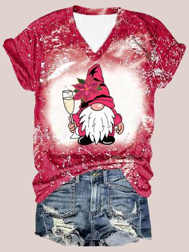 Women's Santa Claus Champagne Print V-Neck T-Shirt