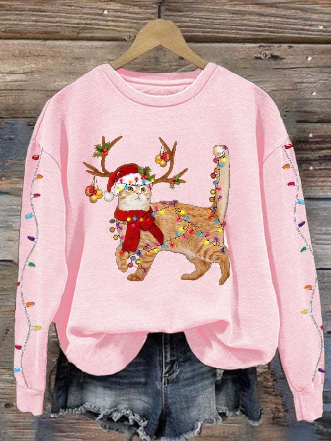 Women's Christmas Cat Lights Print Sweatshirt