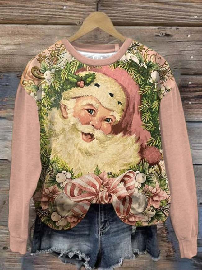 Women's Vintage Pink Santa Print Long Sleeve Sweatshirt