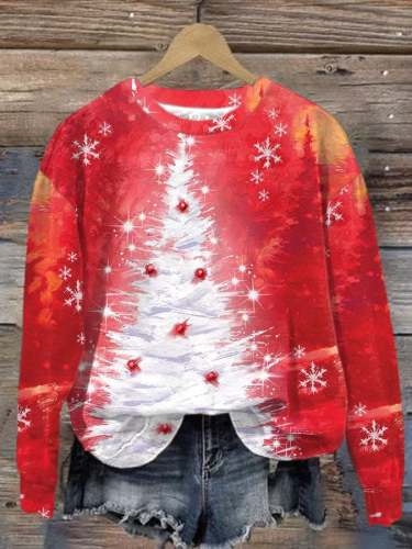 Women's Casual Red Christmas Tree Print Long Sleeve Sweatshirt