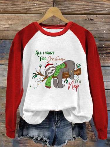 Women's Christmas All I Want For Christmas Is A Nap Sloth Print Sweatshirt