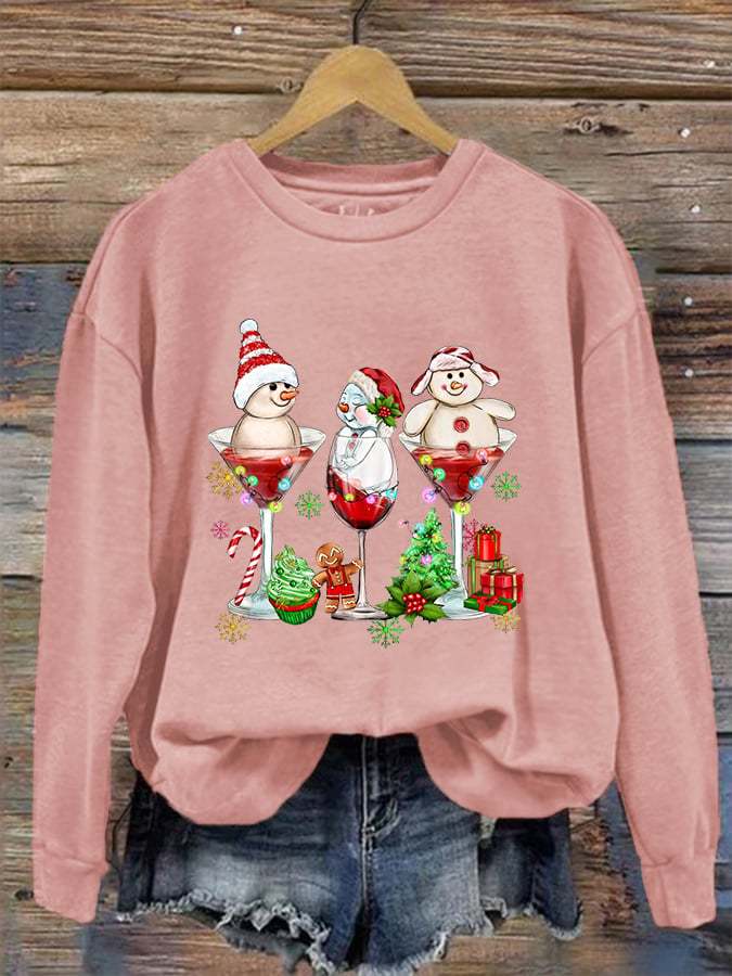 Women's Christmas Snowman Wine Glass Print Crew Neck Sweatshirt