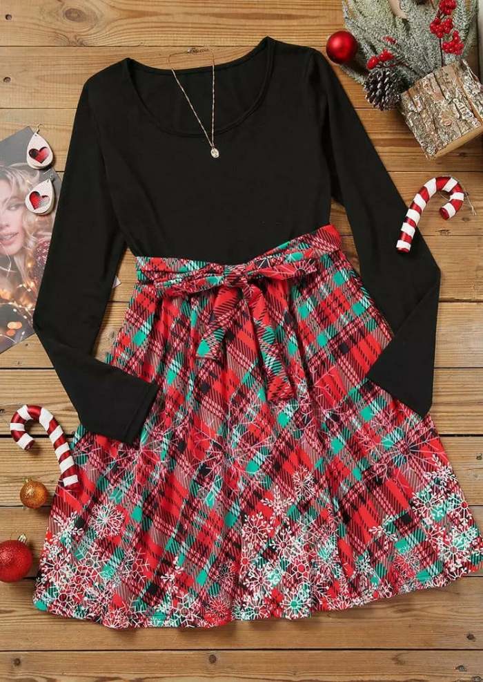 Women's Christmas Snowflake Plaid Tie Mini Dress
