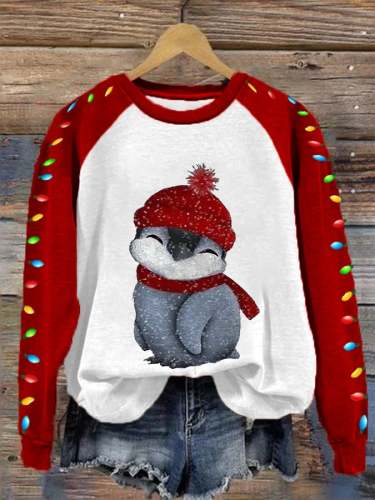 Women's Christmas Lantern Funny Cute Penguin Print Casual Sweatshirt