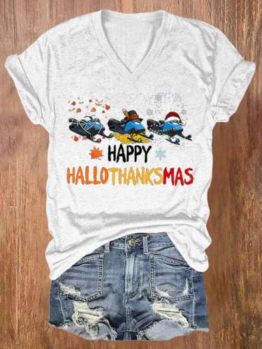Women's Casual Happy Hallothankmas Print Short Sleeve T-Shirt