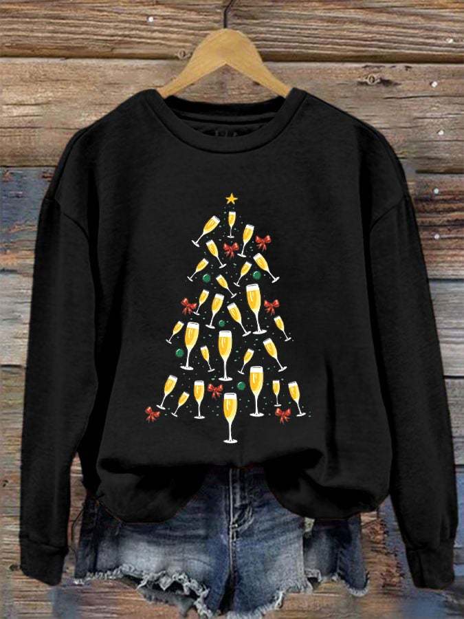 Women's Champagne Christmas Tree Print Sweatshirt