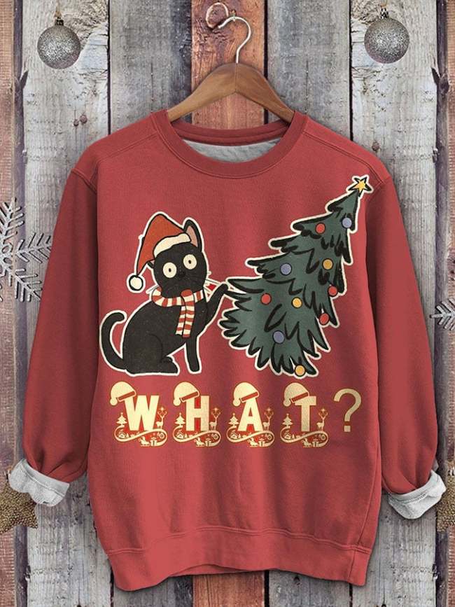 Women's Casual Retro Christmas Black Cat Print Long Sleeve Sweatshirt