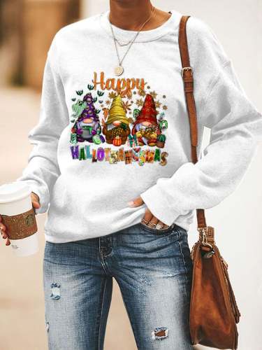 Women's Happy Hallothanksmas Gnome Print Sweatshirt
