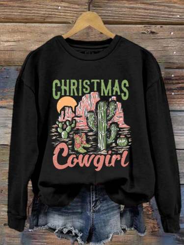 Women's Western Christmas Cowgirl Print Crewneck Sweatshirt