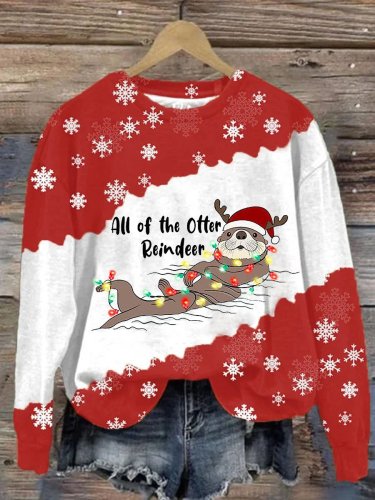 Women's Christmas Otter All Of The Beaver Reindeer Print Casual Drop Shoulder Long Sleeve T-Shirt