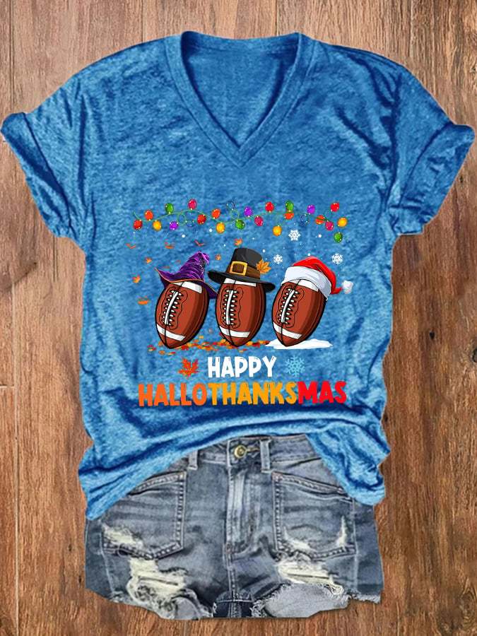 Women's Halloween Thanksgiving Festival Happy Hallothanksmas Print V-Neck T-Shirt