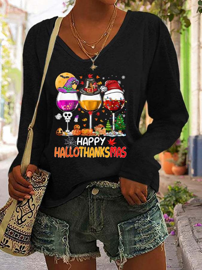 Women's Happy Hallothanksmas Wine Print Long Sleeve V-Neck T-Shirt