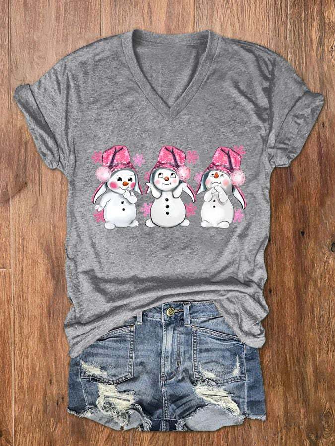 Women's Pink Christmas Snowman Print V-Neck T-Shirt
