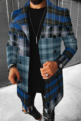 Fashion Patchwork Blue Check Casual Coat