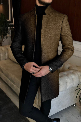 Men's Patchwork Gradient Color Standing Collar Tweed Coat