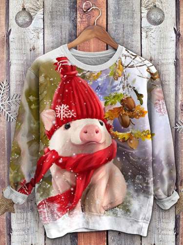 Women's Casual Cute Christmas Hat Pig Print Long Sleeve Sweatshirt